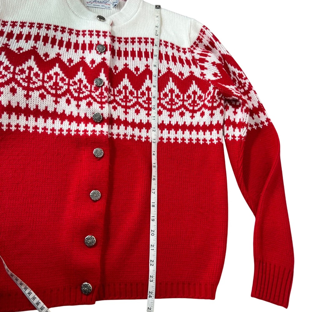 Vintage Christmas Red‎ Jersild Cardigan Women Metal Buttons 80s Sweater M - Picture 4 of 9